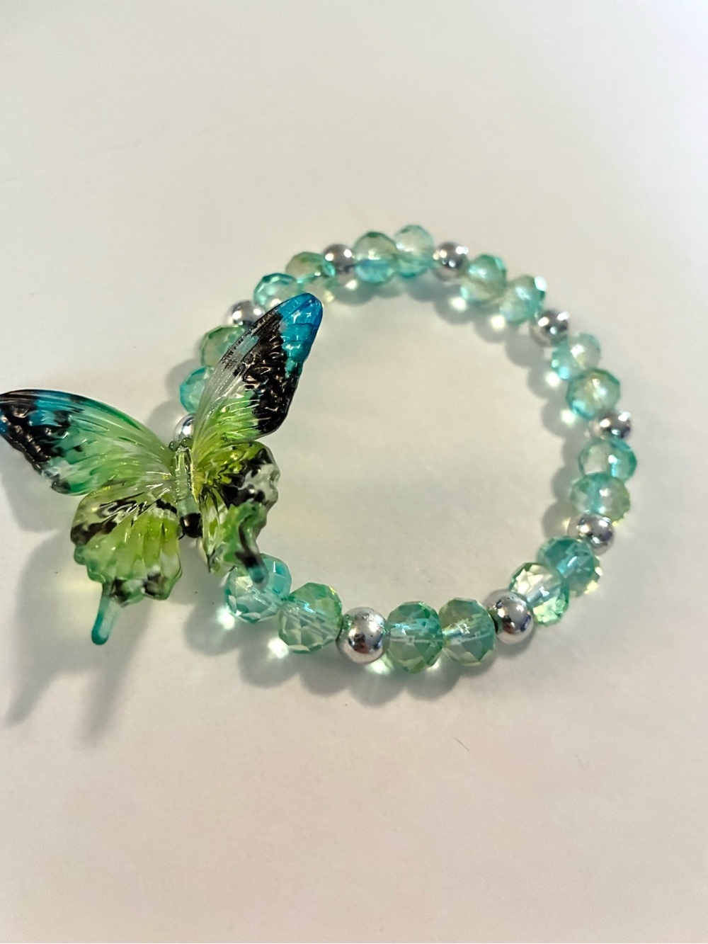Aqua Beaded Bracelet with Butterfly Accent